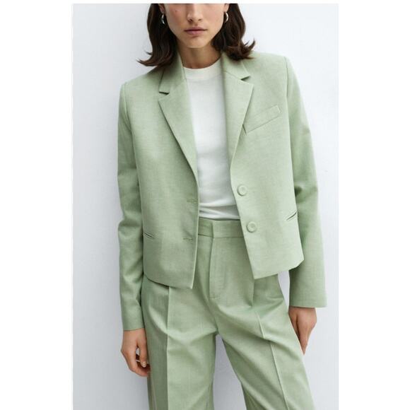 NWT Mango Mint Green Linen Cropped Sevilla Blazer Sz Large - Picture 1 of 13